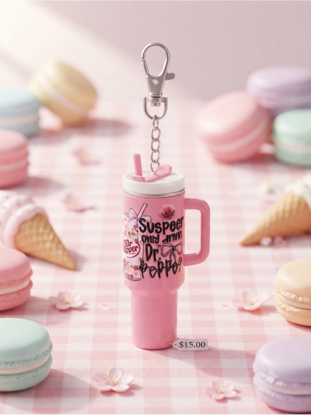 Custom made Pink Travel Mug Keychain – Cute Pink Drink Charm